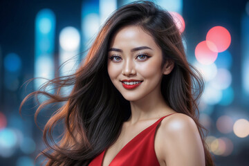 Naklejka premium Glamorous portrait of a smiling Asian woman with long brunette hair and gorgeous eyes, she is wearing red lipstick and matching red dress, outside in urban street with bokeh lights background. 