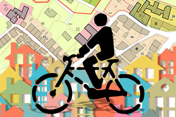 Cycling concept with bicycle icon of person pedaling in the city on a bicycle lane