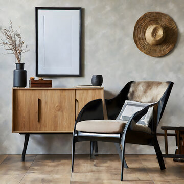 Stylish scandinavian composition of living room with design armchair, black mock up poster. Generative AI.