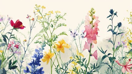 Fototapeta na wymiar Pastel Watercolor Wildflower Field. Soft pastel wildflowers in a watercolor field illustration.