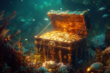 Treasure chest in the sea. Created with Generative AI technology