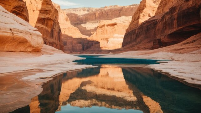 Arch in canyon wall with reflection of the abstract design on the waters of Lake Powell.  generative, AI.