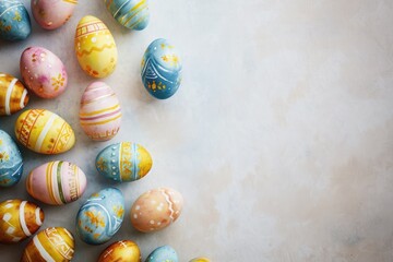 Fototapeta premium Vibrant Watercolor Easter Eggs on White. A collection of colorful watercolor Easter eggs scattered on a white background.