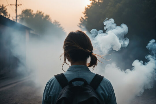 In the image, a person is surrounded by smoke and haze. The person appears to be facing away from the camera with their back towards it