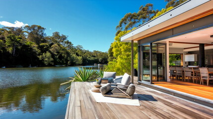 A contemporary waterfront house that provides a peaceful area to unwind and take in the peaceful waters, featuring a large deck that looks out over a quiet cove. - obrazy, fototapety, plakaty