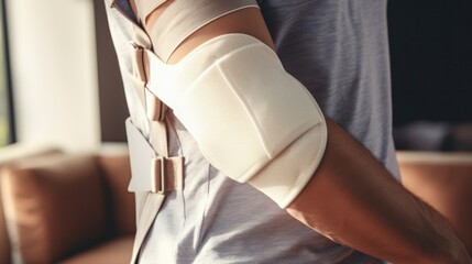 Closeup of Injured Man with Bandage and Splint on Broken Arm in Rehabilitation Concept for Healthcare and Insurance Cover - obrazy, fototapety, plakaty