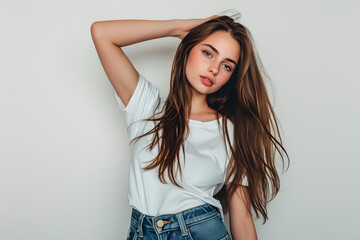 Young beautiful woman with long hair in white t shirt posing with blue jeans