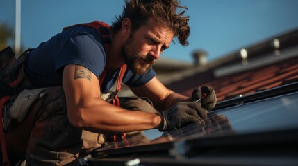 Handsome bearded man working on the solar panel rooftop.