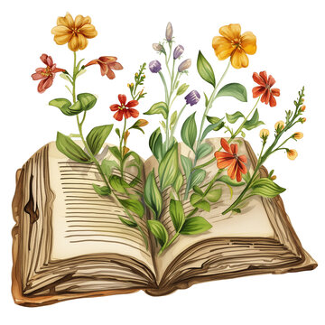 watercolor painting of flowers growing from an old open book, hand-painted isolated on a white background.