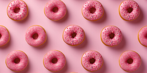 Pink donuts pattern on a pink background. Design concept banner of romantic, sweet life.