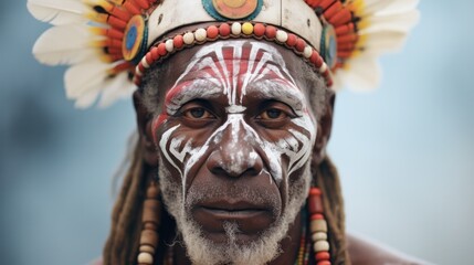 Elderly tribesman adorned in traditional face paint and headwear poses for camera.