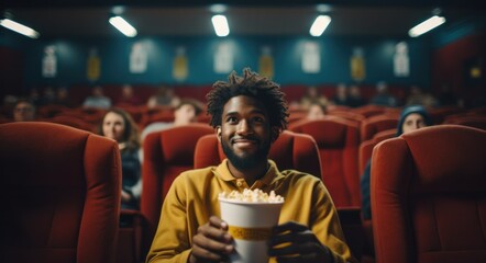 Entertained African American Man Enjoying Popcorn in Movie Theater - obrazy, fototapety, plakaty