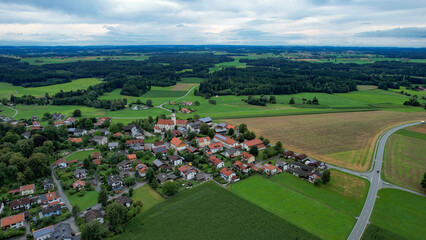 Aerial view around the village Schonstett in Germany on a cloudy day in summer