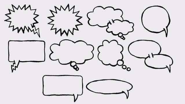 2d animation of animated hand-drawn speech bubbles set with boil effect. 4K video with alpha-channel.