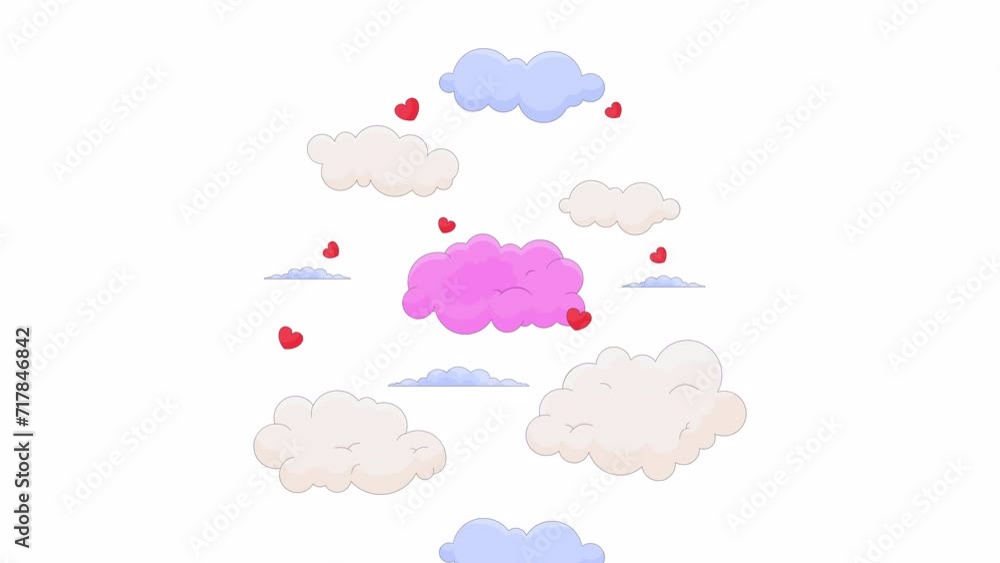 Aufkleber soft puffy clouds hearts scattered line 2d object animation. romantic cloudscape flat color cartoon 