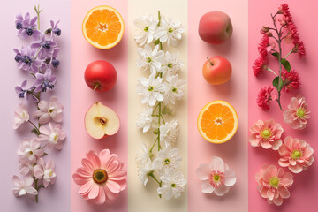 Fototapeta na wymiar Abstract art collage with fruits and flowers. Collage with food and flowers on color background. Pattern of green apples. Wallpaper of fruits. Composition. Top view, flat lay. Photo collage of freshne