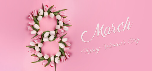 Fototapeta na wymiar Banner, flyer, beautiful postcard for March 8 for International Women's Day. Flowers in the shape of the number 8 from tulips top view on a pink background