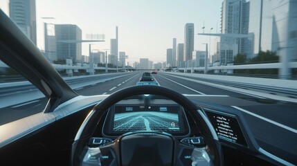 Autonomous Self-Driving 3D Car Moving Through City Highway. VFX Visualization Concept: Software Sensor Scanning Road Ahead for Vehicles, Danger, Speed Limits. Day Urban Driveway. Front Following View