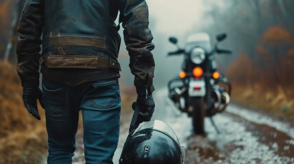 Biker walks to motorcycle holding helmet in hand