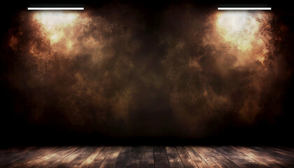Empty black and copper set room, wooden floor, two lights  - obrazy, fototapety, plakaty