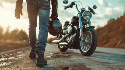 Biker walks to motorcycle holding helmet in hand - obrazy, fototapety, plakaty