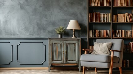 Books and lamp on rustic cupboard next to grey armchair with cushion against a wall with copy space in living room interior