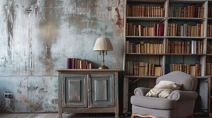 Books and lamp on rustic cupboard next to grey armchair with cushion against a wall with copy space in living room interior