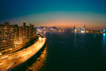 Hong Kong city aerial view at sunset