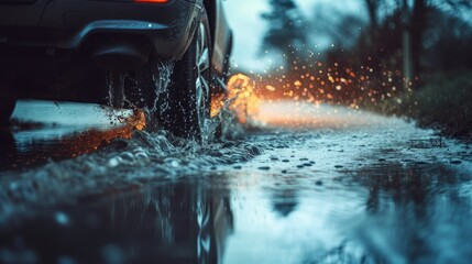 Car driving through the puddle and splashing by water