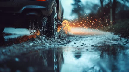 Fototapeten Car driving through the puddle and splashing by water © Orxan