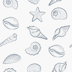 Seamless pattern. Blue doodles on a white background. Suitable for decoration of various goods in marine style. Illustration in the style of line. Marine theme in drawings. Vector art.