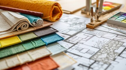 Interior designer's working table, an architectural plan of the house, a color palette, furniture and fabric samples. Drawings and plans for house decoration
