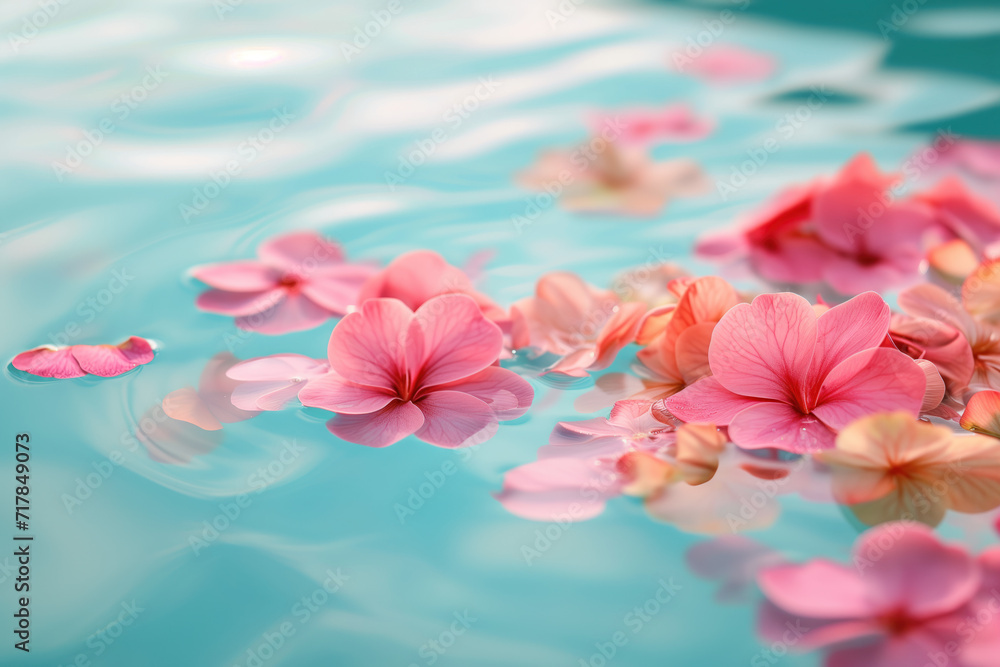 Poster pink flower petals in pool water. background image. created with generative ai technology