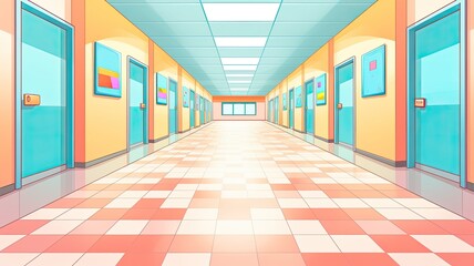 cartoon illustration Empty school or college hallway.