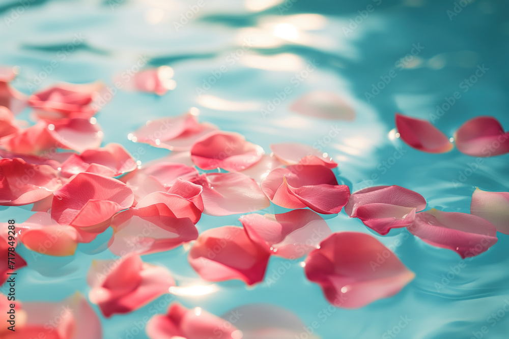 Poster pink flower petals in pool water. background image. created with generative ai technology