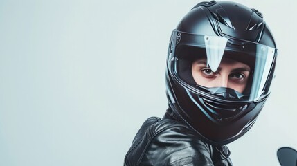 Portrait of a motorcycle rider posing with a black helmet on a white background