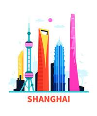 Pudong New Area - modern colored vector illustration with developing outback area of Shanghai with family-friendly spaces. Chinese modern architecture, asian quay and tourist travelling idea