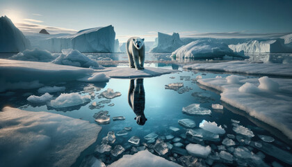 Shadow of polar bear reflected in open water of the Arctic sea, surrounded by melting ice. International polar bear day. World Wildlife Day.Melting Glacier.Climate change concept and rising sea levels