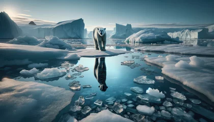 Fotobehang Shadow of polar bear reflected in open water of the Arctic sea, surrounded by melting ice. International polar bear day. World Wildlife Day.Melting Glacier.Climate change concept and rising sea levels © dargog