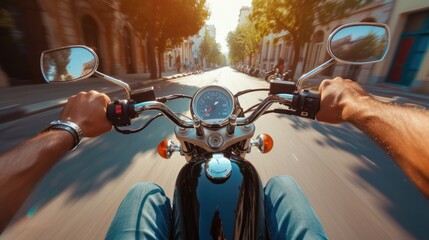 POV shot of young man riding on a motorcycle. Hands of motorcyclist on a street - obrazy, fototapety, plakaty