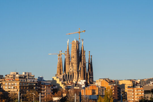 Cityscape of the city of Barcelona with the modernist basilica of the Sagrada Familia by architect Antoni Gaudi