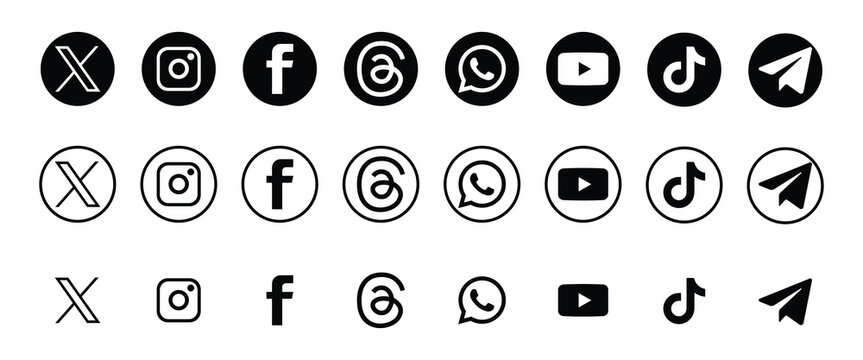 Latest social media icons. X,  Instagram, Facebook,  Threads, Whatsapp, YouTube,TikTok , telegram black logo set