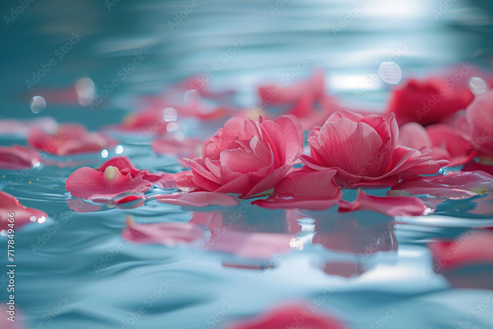 Poster pink flower petals in pool water. background image. created with generative ai technology