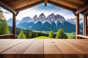 The frontal view of an empty wooden table top with blur background of mountain landscape - Product showing