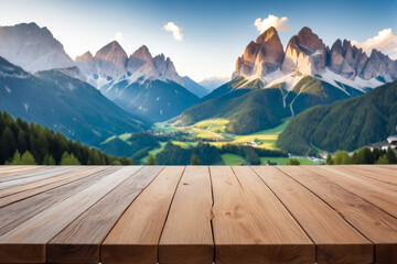 The frontal view of an empty wooden table top with blur background of mountain landscape - Product showing