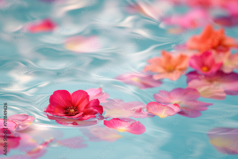 Poster pink flower petals in pool water. background image. created with generative ai technology