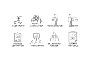 Vector set of linear icons related to business process, team work, human resource management and stakeholders.