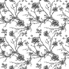 Chinoiserie inspired. Vintage floral illustration. Black and white oriental eastern asian