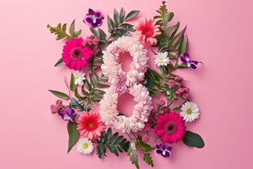 8 March.Happy Women's Day. Flower and leaves spring holiday background with number 8
