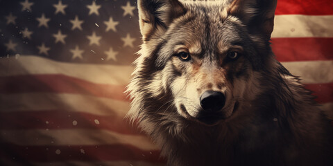 Wolf portrait with the United States of America flag conceptual graphic banner